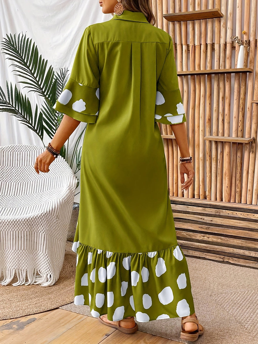 Amber | Midi Polka Dot Dress with Button Front and Ruffle Hem