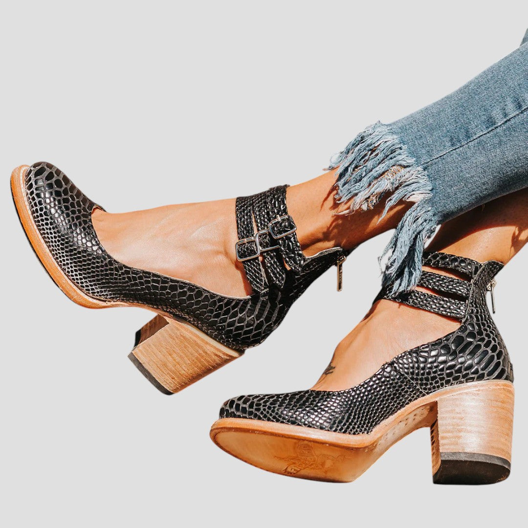 Women's Closed Toe Block Heel with Buckle Strap