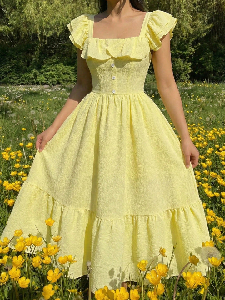 Karen | Midi Summer Dress with Square Neck and Ruffle Sleeves