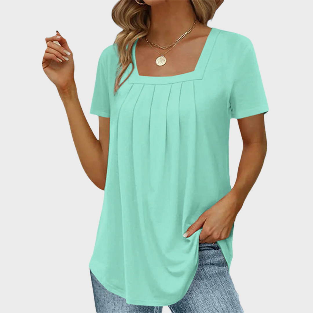 Demi | Pleated Front Top with Square Neck and Short Sleeves