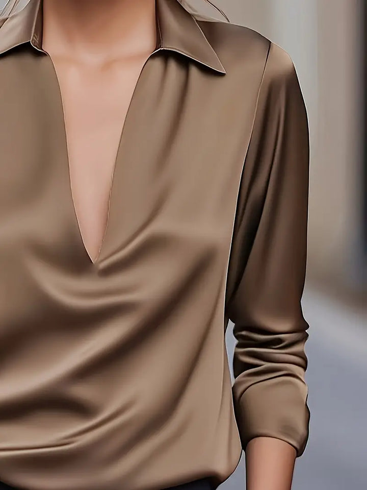Women's Satin Blouse with V-Neck Collar and Long Sleeve