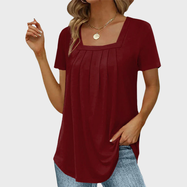Demi | Pleated Front Top with Square Neck and Short Sleeves
