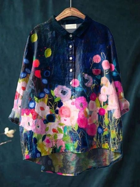 Flora | Floral Print Blouse with Shirt Collar and Long Sleeves