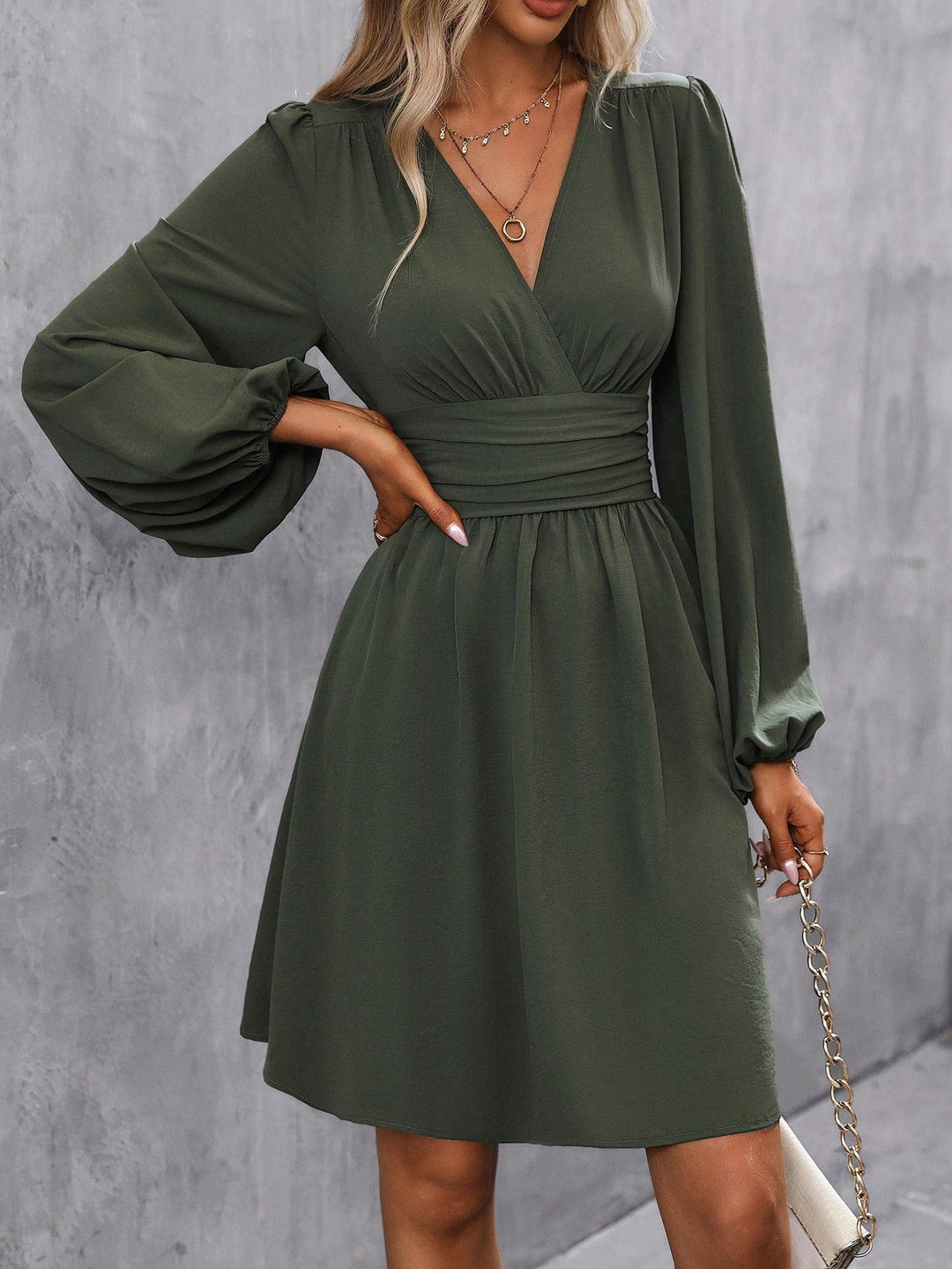 Bella | Midi Cocktail Dress with Lantern Sleeves and V-Neck