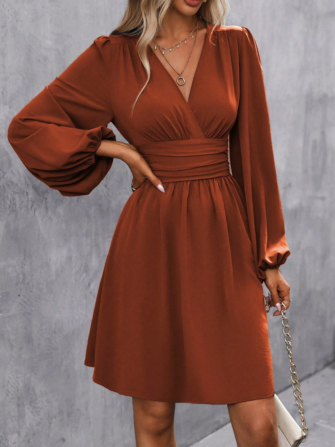 Bella | Midi Cocktail Dress with Lantern Sleeves and V-Neck