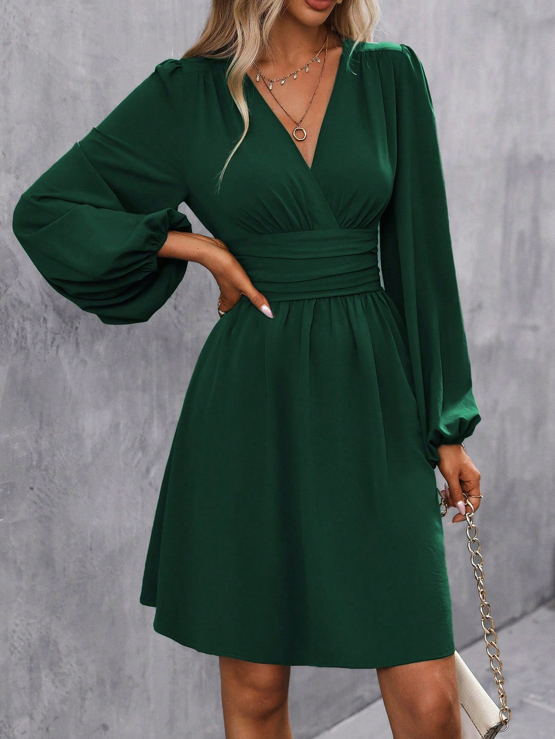 Bella | Midi Cocktail Dress with Lantern Sleeves and V-Neck