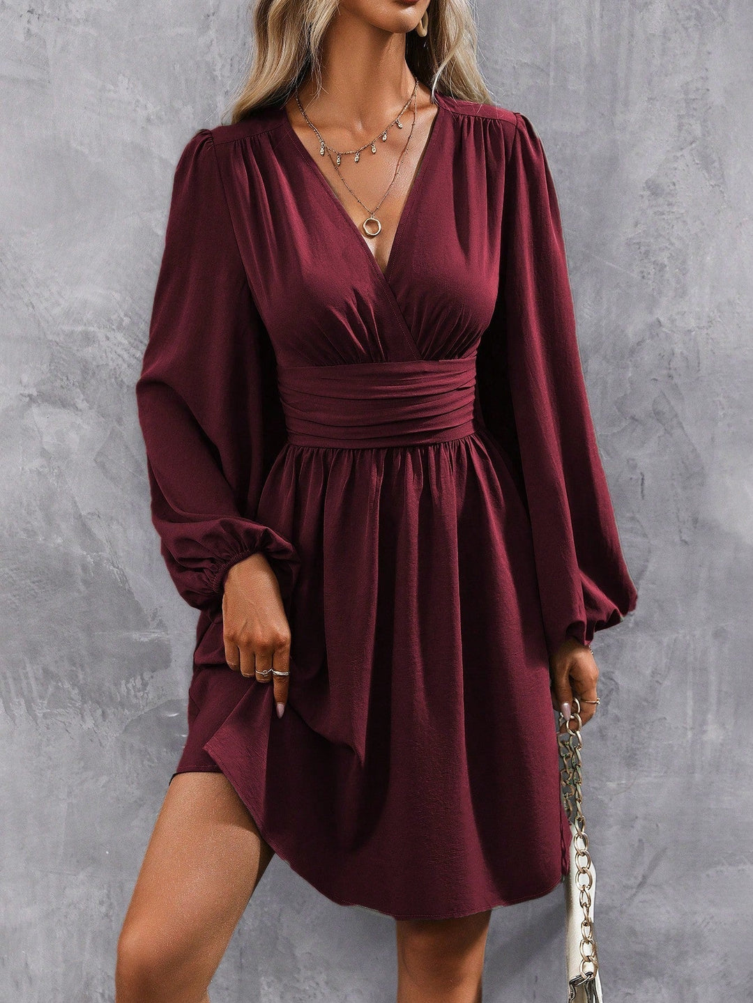 Bella | Midi Cocktail Dress with Lantern Sleeves and V-Neck