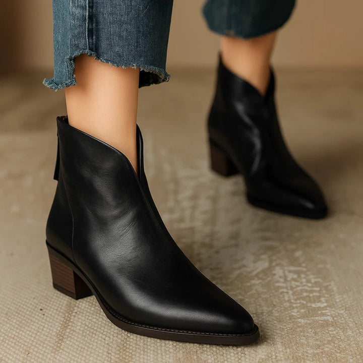 Women's Pointed Toe Ankle Boots with Side Zip and Block Heel
