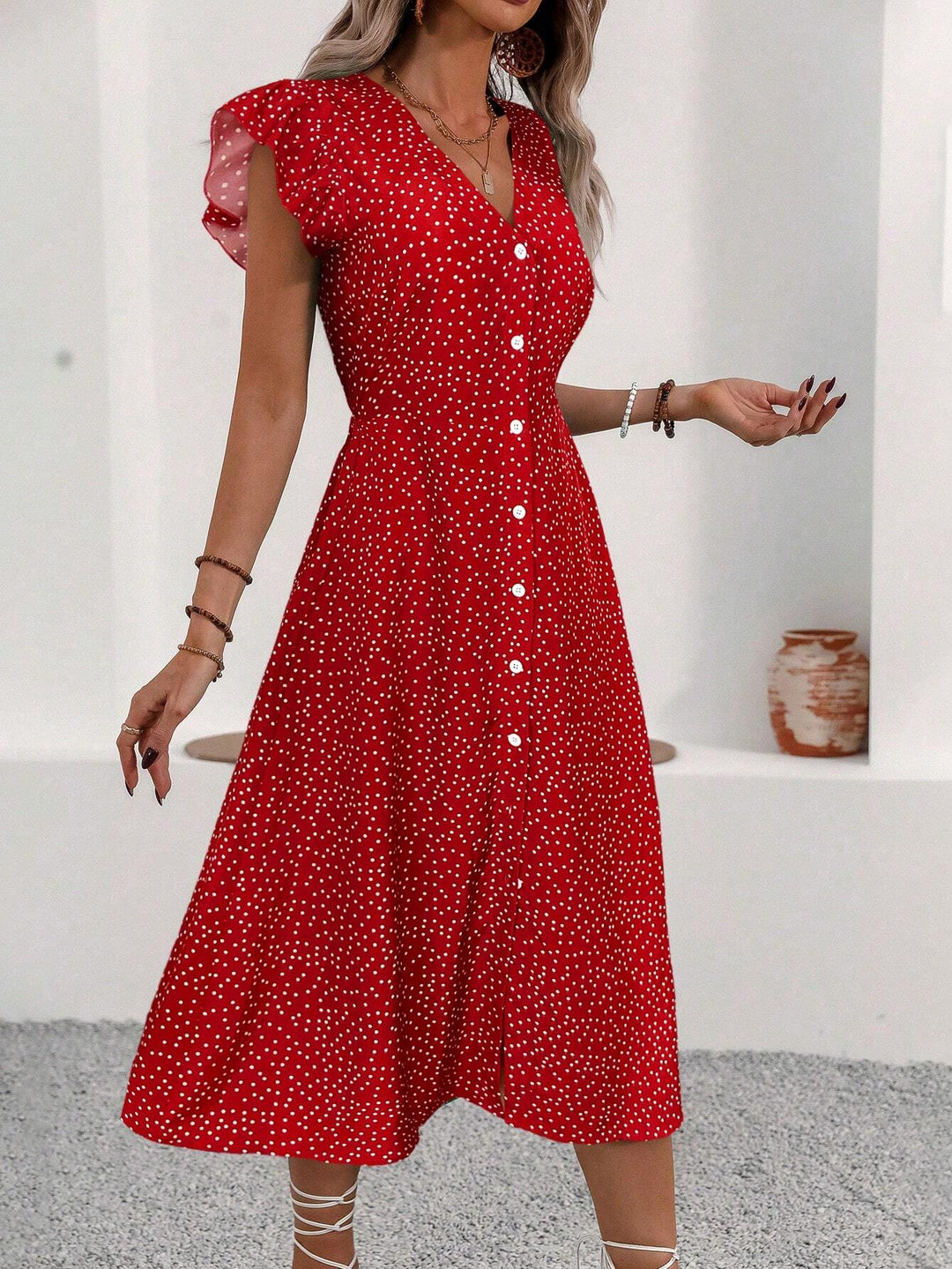Amy | Midi Polka Dot Dress with V-Neck and Side Slit