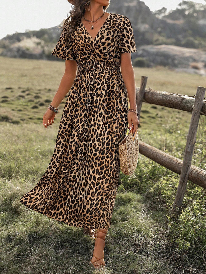 Gina | Midi Summer Dress with Leopard Print and Flutter Sleeves