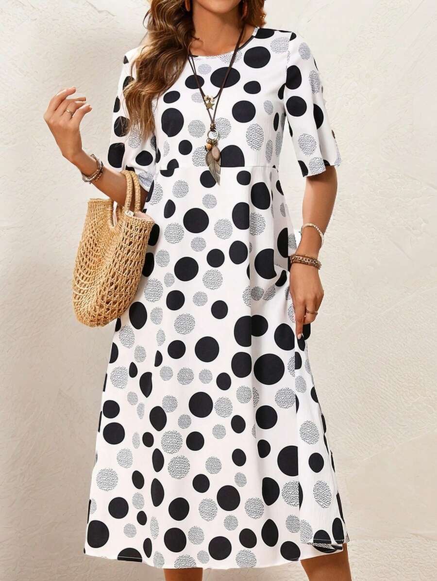Hazel | Midi Polka Dot Dress with Round Neck and Pockets