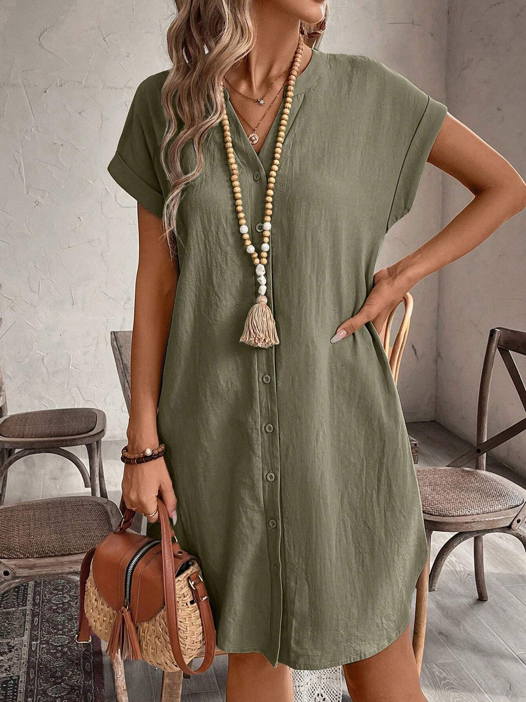 Nicole | Mini Shirt Dress with V-Neck and Short Sleeves