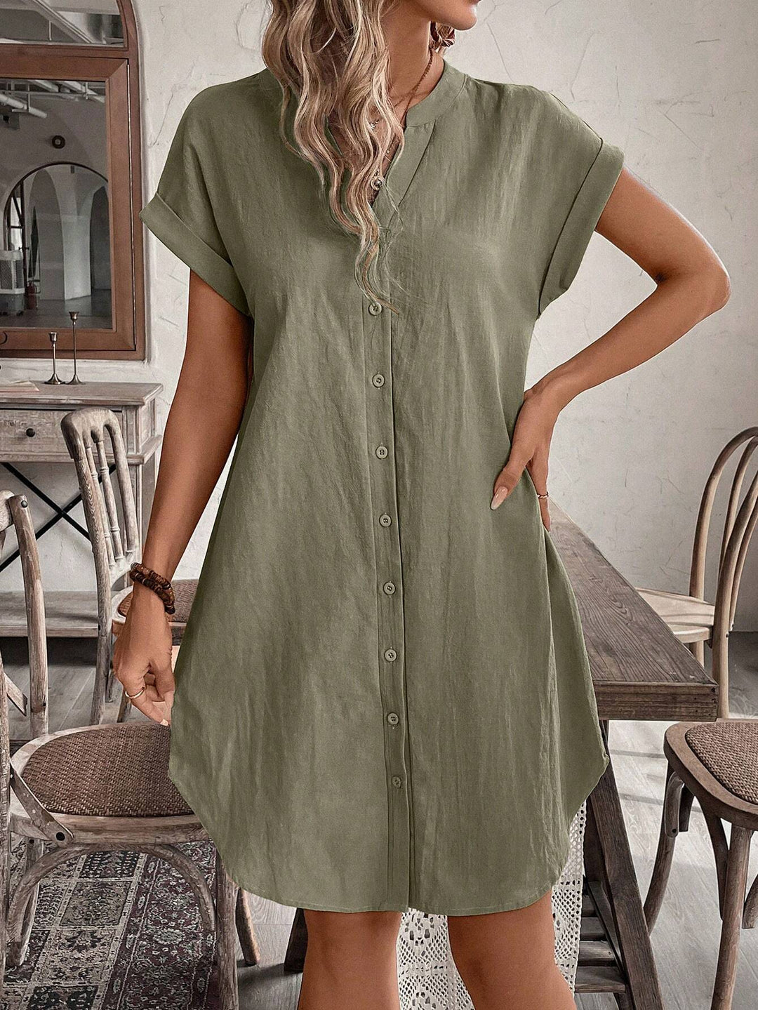 Nicole | Mini Shirt Dress with V-Neck and Short Sleeves