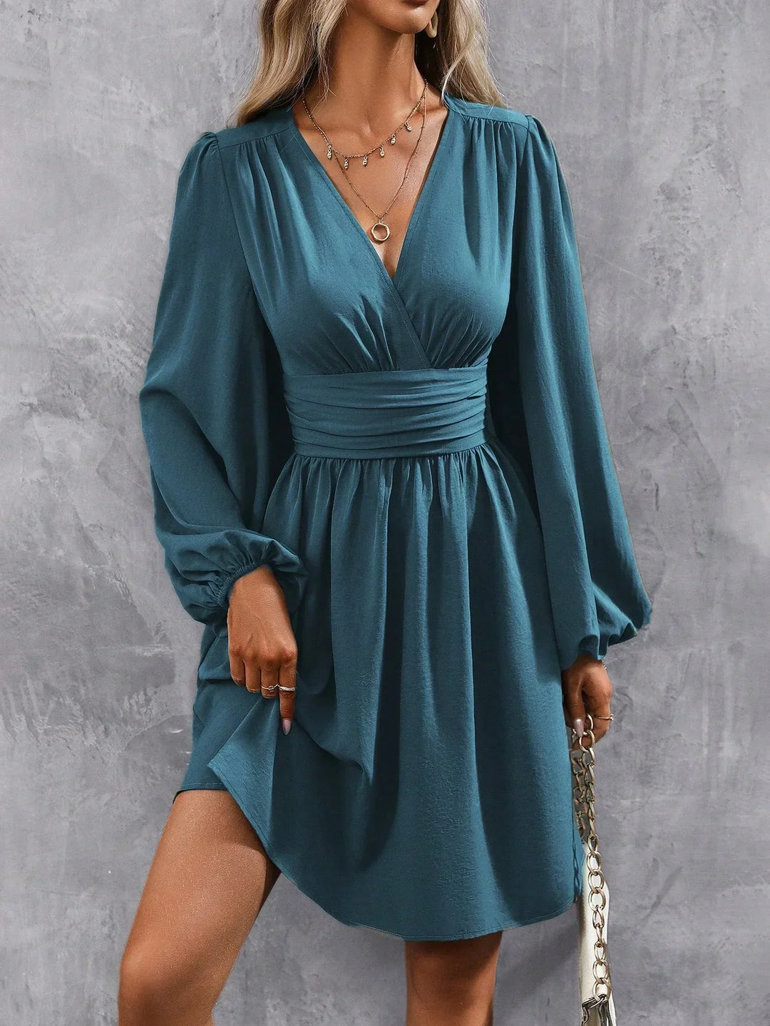 Bella | Midi Cocktail Dress with Lantern Sleeves and V-Neck