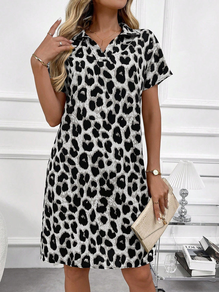 Faith | Mini Shirt Dress with Leopard Print and Short Sleeves