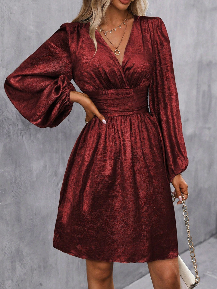 Bella | Midi Cocktail Dress with Lantern Sleeves and V-Neck