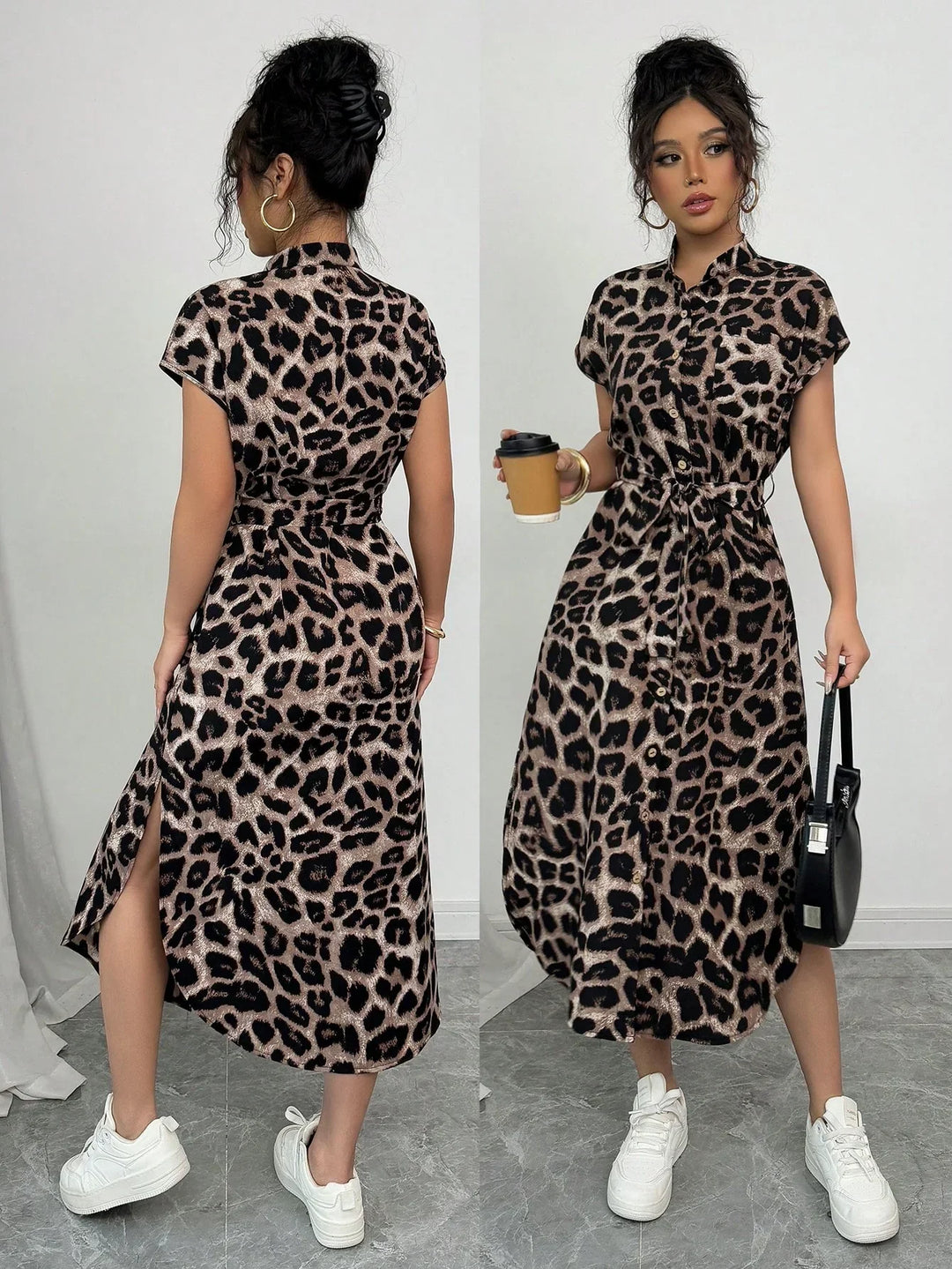 Willow | Midi Shirt Dress with Leopard Print and Belted Waist