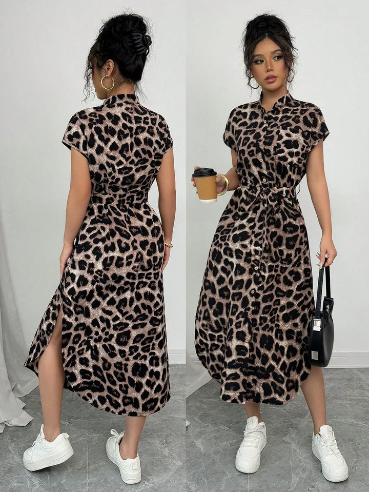 Willow | Midi Shirt Dress with Leopard Print and Belted Waist