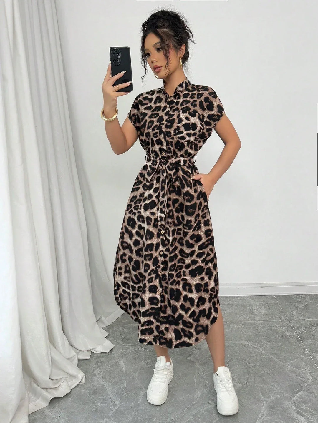 Willow | Midi Shirt Dress with Leopard Print and Belted Waist