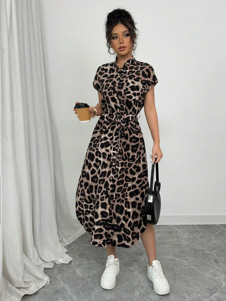 Willow | Midi Shirt Dress with Leopard Print and Belted Waist
