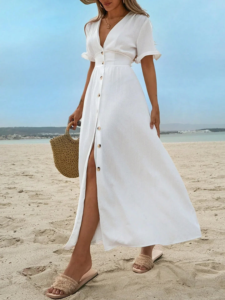Mary | Maxi Shirt Dress with V-Neck and Side Slit