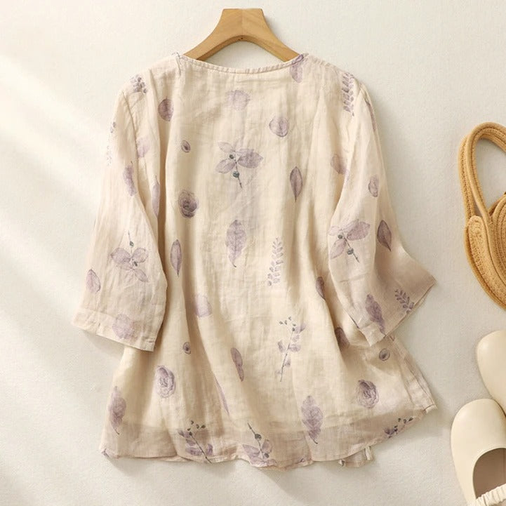 Hattie | Floral Print Blouse with Round Neckline and Three Quarter Sleeves