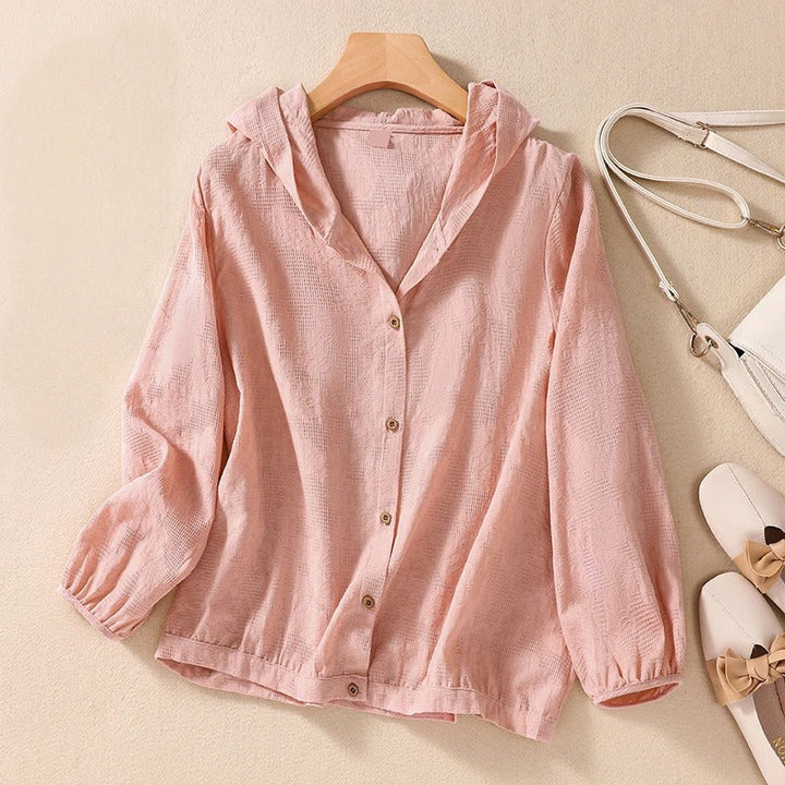 Molly | Hooded Blouse with Puff Sleeves and Button Front