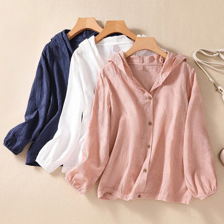 Molly | Hooded Blouse with Puff Sleeves and Button Front