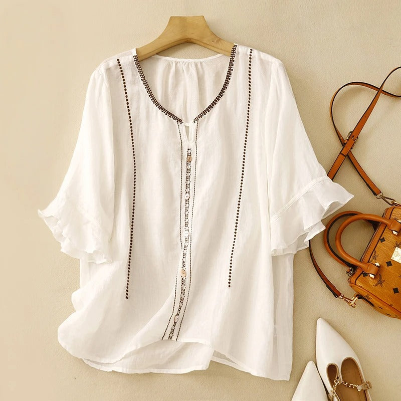 Iris | Linen Blouse with Embroidered Trim and Flared Sleeves