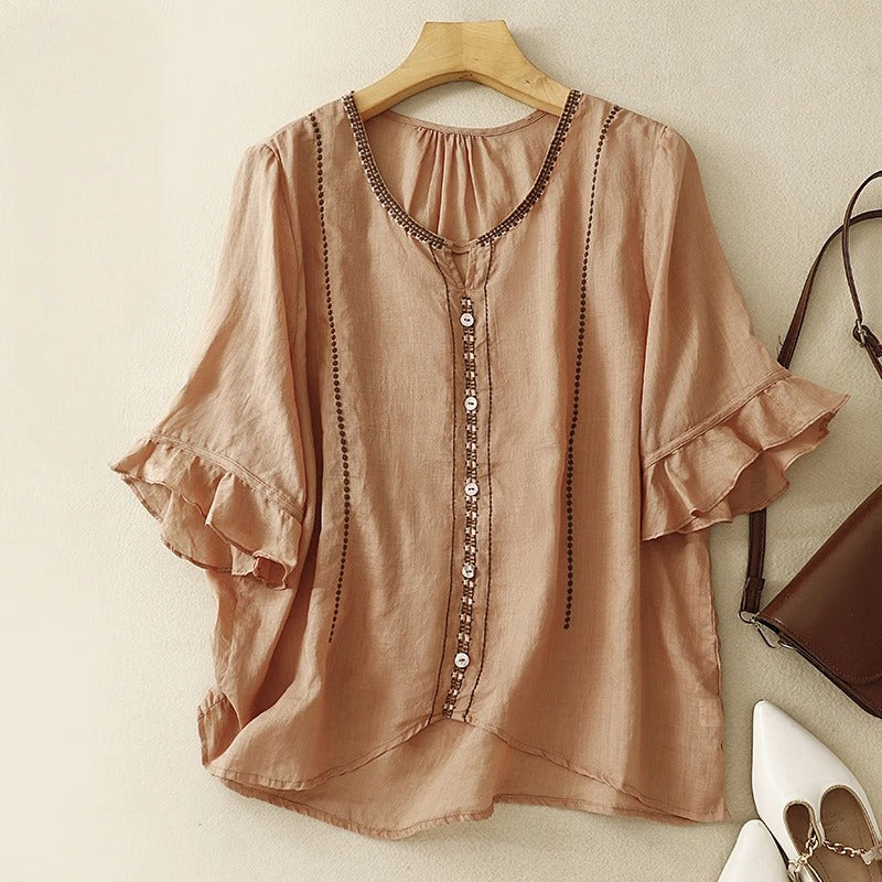 Iris | Linen Blouse with Embroidered Trim and Flared Sleeves