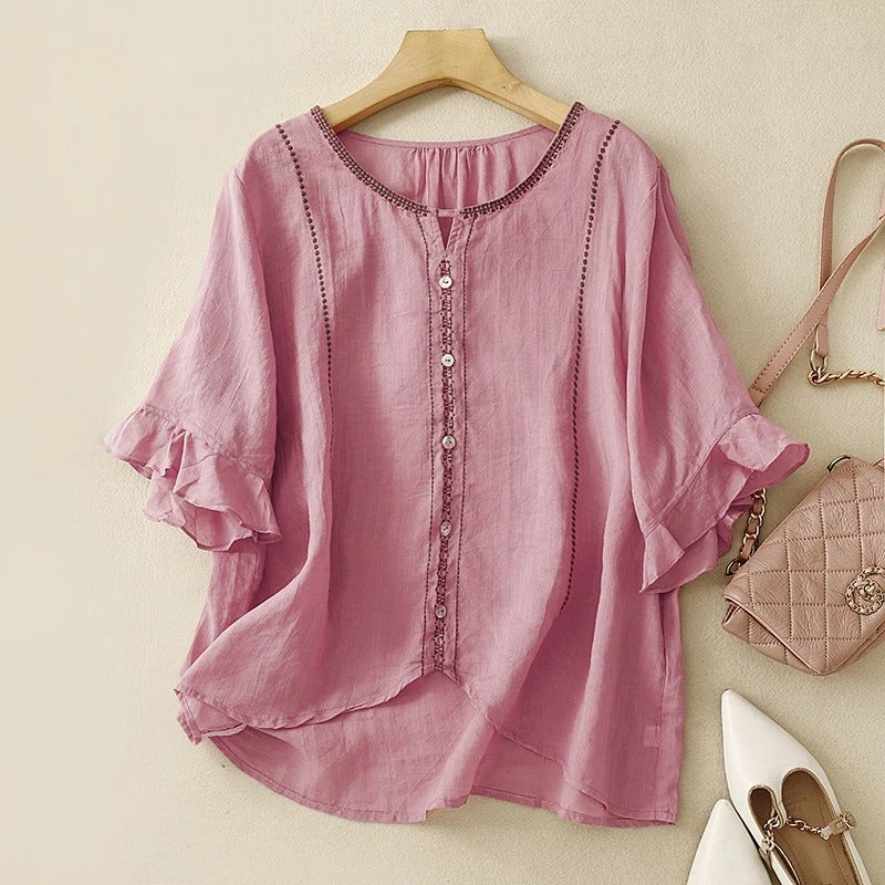 Iris | Linen Blouse with Embroidered Trim and Flared Sleeves
