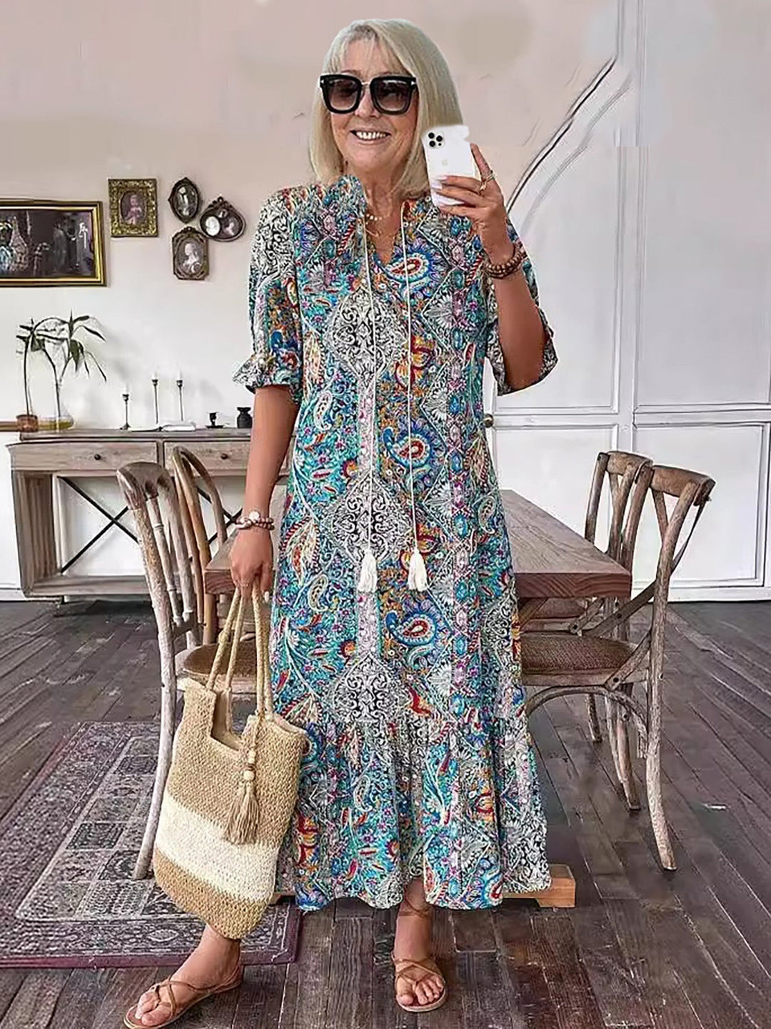 Gene | Midi Summer Dress with Boho Print and Tassel Tie