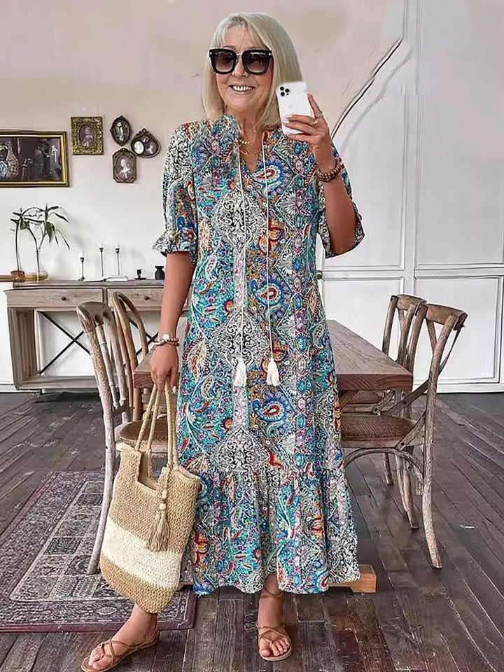 Gene | Midi Summer Dress with Boho Print and Tassel Tie