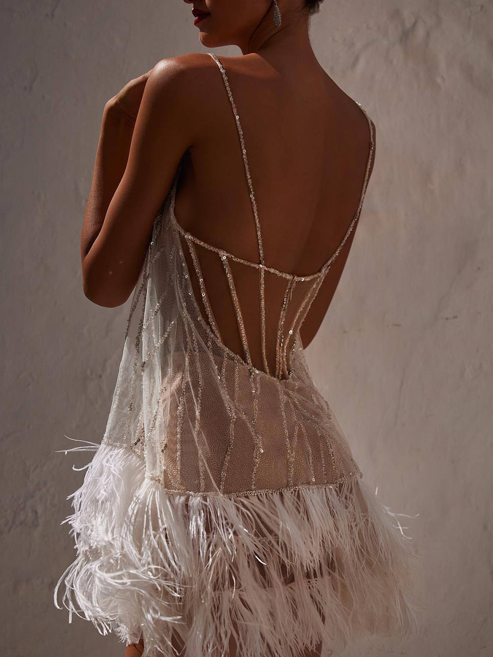 Mila | Mini Cocktail Dress with Sheer Bodice and Feather Hem