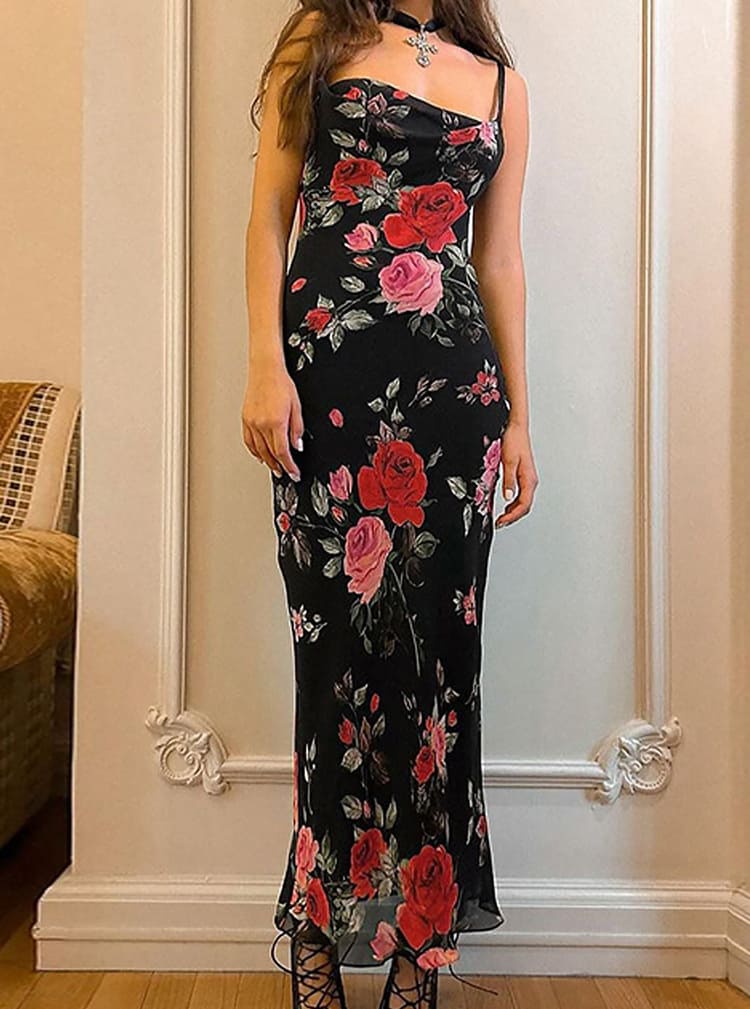 Linda | Maxi Summer Dress with Floral Print and Spaghetti Straps