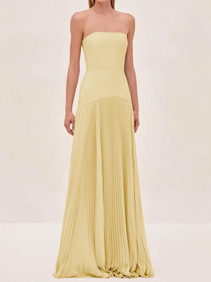 Ruby | Maxi Wedding Guest Dress with Strapless Pleated Skirt