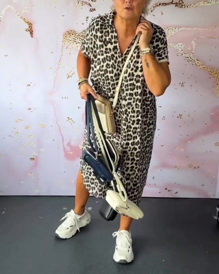 Lenny | Midi Summer Dress with Leopard Print and V-Neck