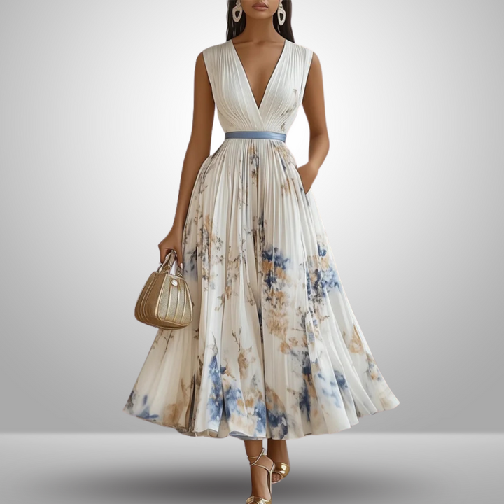 Nora | Maxi Wedding Guest Dress with Floral Print and Pleated Skirt