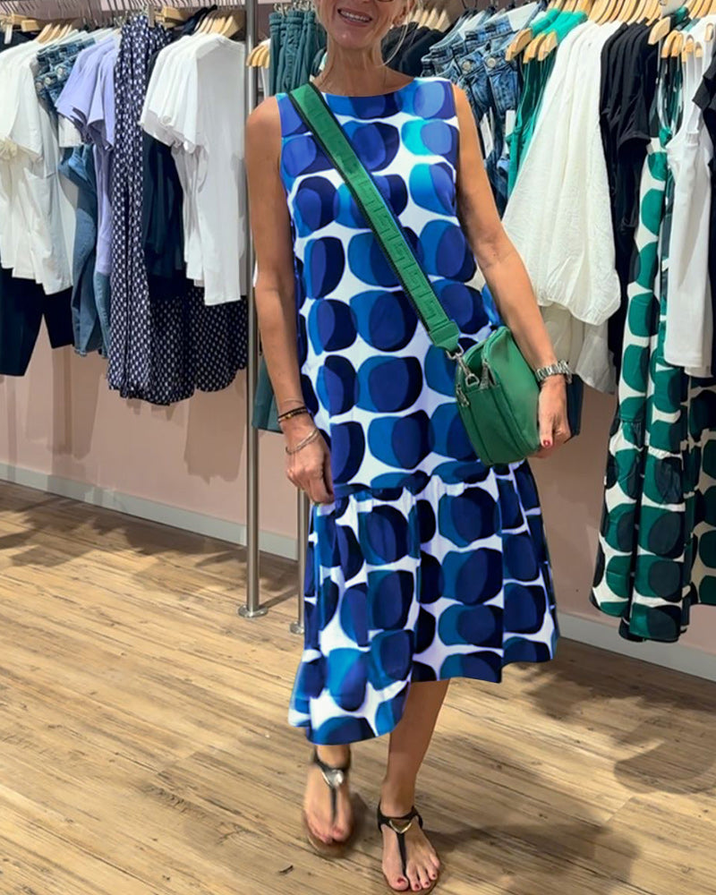 Sue | Midi Polka Dot Dress with Round Neck and Tiered Skirt