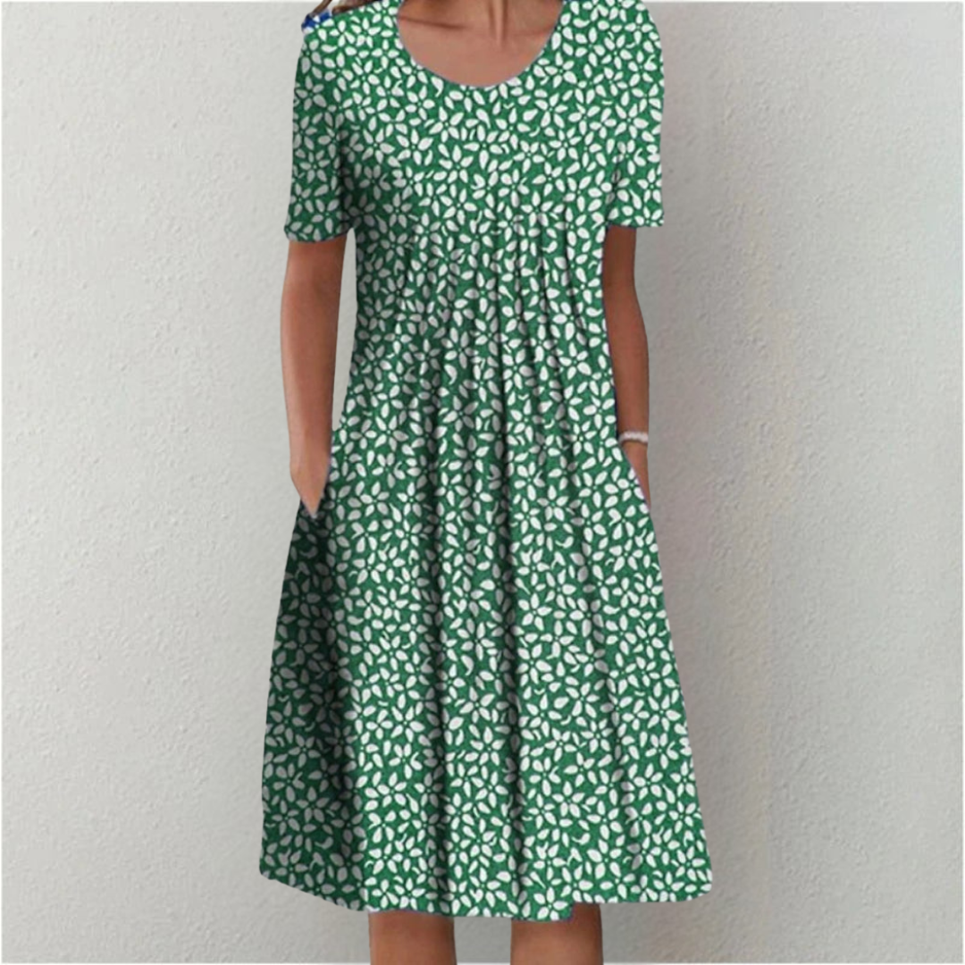 Women's Floral Midi Dress with Gathered Waist and Side Pockets