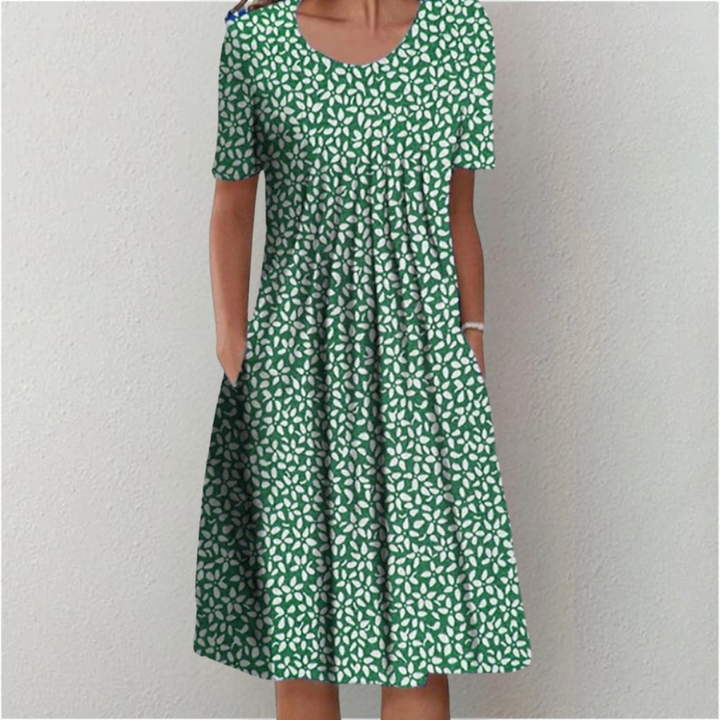 Women's Floral Midi Dress with Gathered Waist and Side Pockets