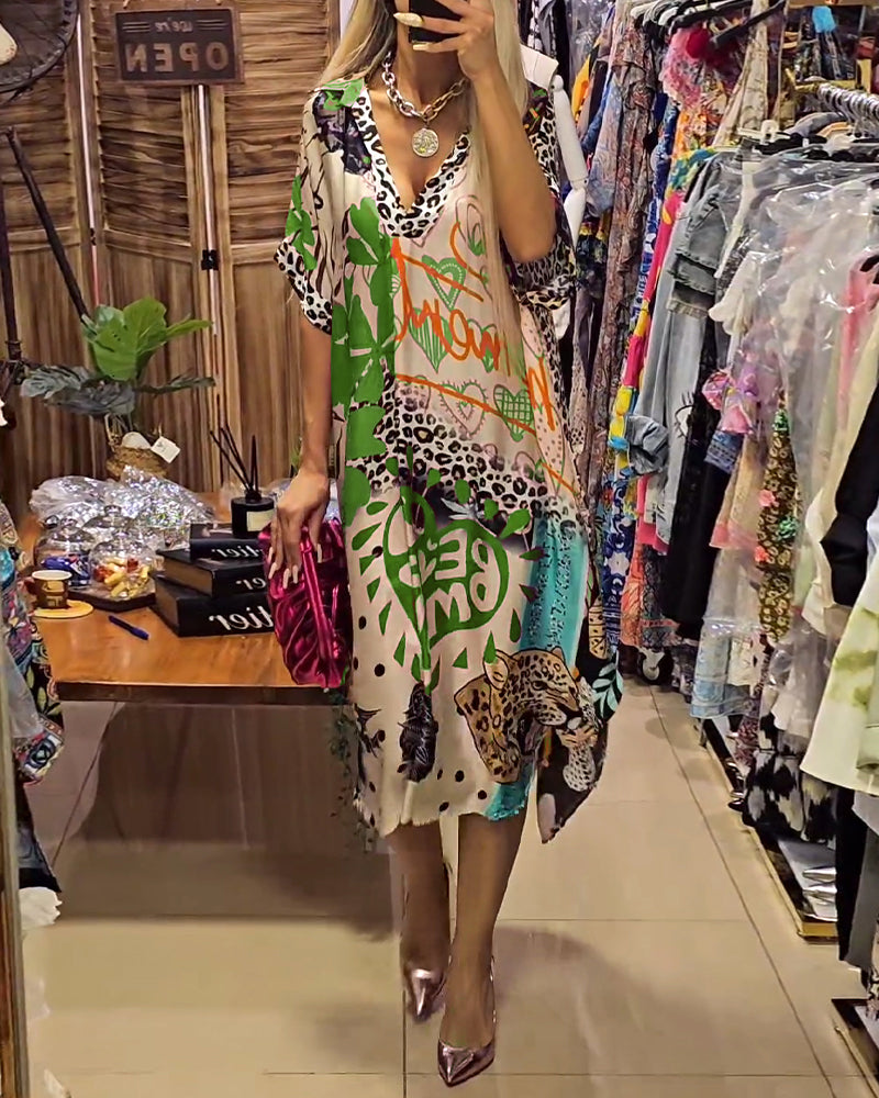 Debra | Midi Summer Dress with Boho Print and V-Neck