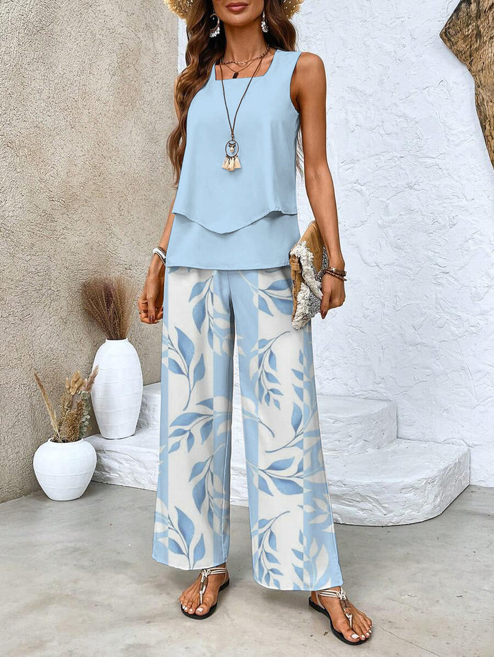 Women's Sleeveless Tank Top and Printed Wide Leg Pants Set