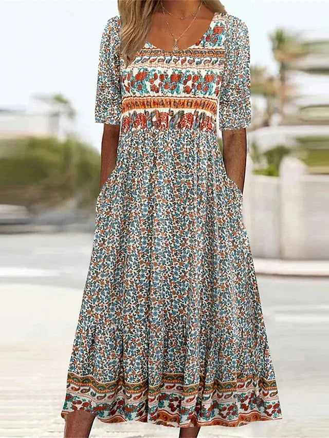 Jessica | Midi Summer Dress with Boho Print and Smocked Bodice