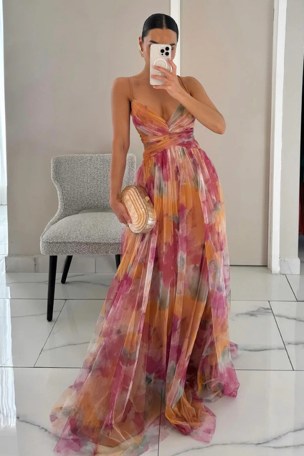 Hazel | Maxi Wedding Guest Dress with Floral Print and Pleated Skirt