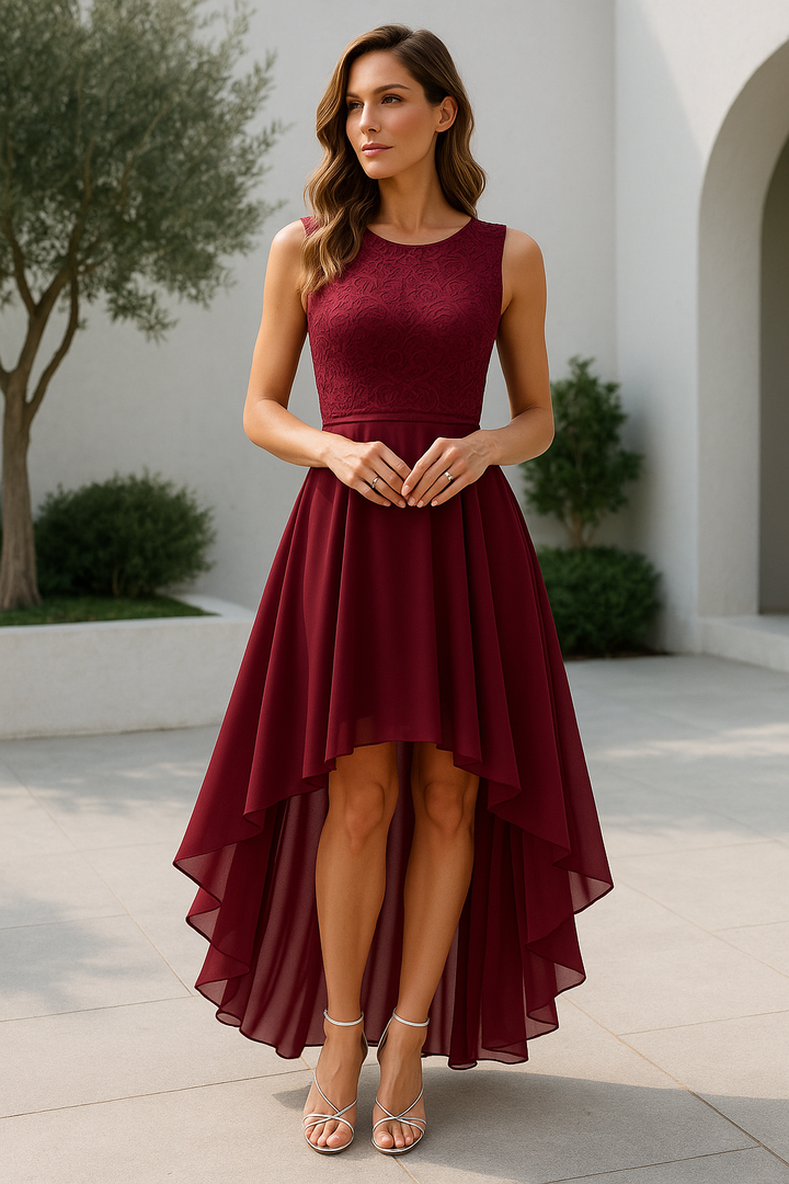 Olivia |  Cocktail Dress with Round Neck and High-Low Hem