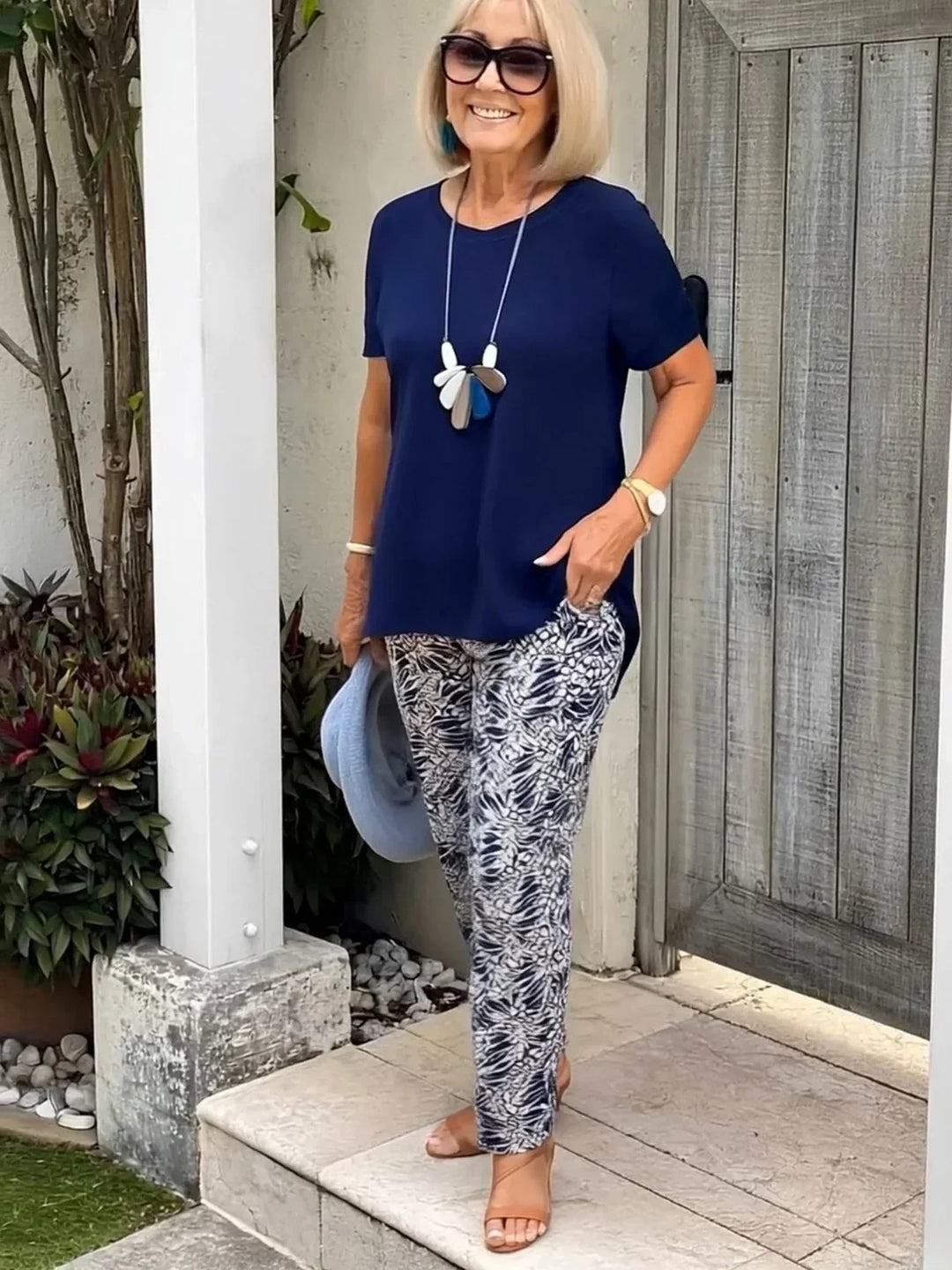 Vera | Matching Set with Abstract Print Trousers and Short Sleeve Top