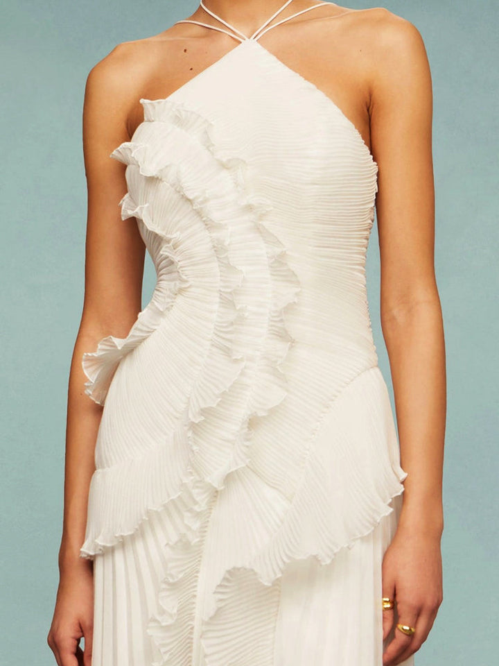 Avery | Maxi Wedding Guest Dress with Halter Neck and Pleated Skirt