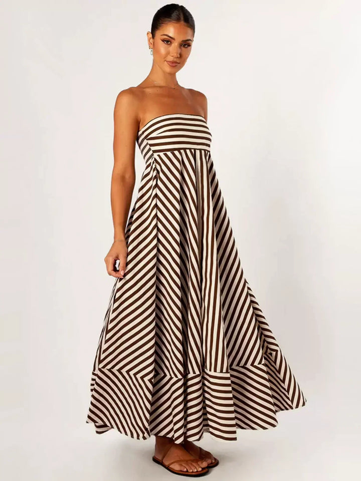 Yasmine | Maxi Summer Dress with Strapless Bodice and Striped Print