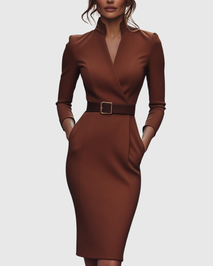 Women's Long Sleeve Belted Midi Dress with V-Neckline
